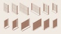 Isometric outline set of closed windows with sill and low tide in various foreshortening views