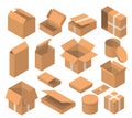 Isometric packaging box vector set. cardboard boxes collection in cartoon style solated on white background. Royalty Free Stock Photo