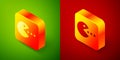 Isometric Pacman with eat icon isolated on green and red background. Arcade game icon. Pac man sign. Square button