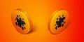 Isometric Paint spray icon isolated on orange background. Orange circle button. Vector