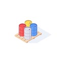 Isometric pallet with metal barrels. 3d pallets cargo goods fuel benzin petrol gas and combustible vector illustration Royalty Free Stock Photo