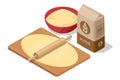 Isometric paper bag with flour and dough rolled out with a rolling pin on the table. Organic flour. Healthy eating and