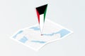 Isometric paper map of Kuwait with triangular flag of Kuwait in isometric style. Map on topographic background
