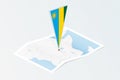 Isometric paper map of Rwanda with triangular flag of Rwanda in isometric style. Map on topographic background
