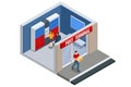 Isometric parcel locker. Postman and locker with digital panel for password. The chain of autonomous postal points for