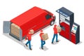 Isometric parcel locker. Postman and locker with digital panel for password. The chain of autonomous postal points for