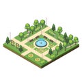 Isometric park landscape with green plants, flower beds, fountain, benches and swings. Royalty Free Stock Photo