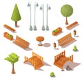 Isometric park set. Benches, trees, wooden bridges Royalty Free Stock Photo