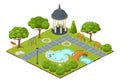 Isometric park vector illustration. Cartoon 3d city nature map landscape isolated on white, green garden tree and grass