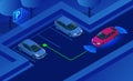 Isometric Parking Assist System vector illustration. Car technology with sensors . Sensors scanning free space to park