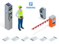 Isometric Parking Attendant. Parking ticket machines and barrier gate arm operators are installed at the entrance and