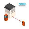 Isometric parking entrance. Vector city elements. Car gate, booth and payment station