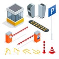 Isometric Parking isometric elements set . Icons for parking cars. Fines and elements of parking. Parking zone icon in