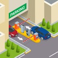 Isometric Parking payment station, access control concept. Parking ticket machines and barrier gate arm operators are