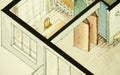 Isometric partial architectural watercolor drawing of apartment floor plan, symbolizing artistic approach to real estate business