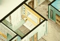 Isometric partial architectural watercolor drawing of apartment floor plan, symbolizing artistic approach to real estate business