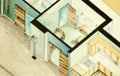 Isometric partial architectural watercolor drawing of apartment floor plan, symbolizing artistic approach to real estate business