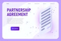 Isometric partnership agreement landing page concept, modern stylish contract list with sign and blank text Royalty Free Stock Photo