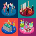 Isometric Party Concept. Night Club, Disco DJ, Dancing Woman Royalty Free Stock Photo