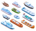 Isometric passenger, cargo sea ships, commercial and sailing boats. Water transport, boat ship, cruiser and passenger Royalty Free Stock Photo