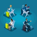 Isometric of passengers sitting in waiting room, business people with luggage Front and back view, business trip, vector illustrat Royalty Free Stock Photo