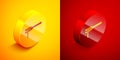 Isometric Pasta spaghetti on the fork icon isolated on orange and red background. Italian restaurant. Circle button