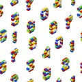 Isometric pattern from numbers collected from multicolored plastic blocks on a white background. For printing and Royalty Free Stock Photo