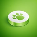 Isometric Paw print icon isolated on green background. Dog or cat paw print. Animal track. White circle button. Vector