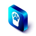 Isometric Paw print icon isolated on white background. Dog or cat paw print. Animal track. Blue square button. Vector