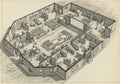 An isometric pencil drawing of a multifunctional hall layout. Features include a main Royalty Free Stock Photo