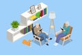 Isometric pensioners at home reading books, sitting in armchairs. Senior man in glasses reading book Royalty Free Stock Photo