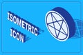 Isometric Pentagram in a circle icon on blue background. Magic occult star symbol. Vector