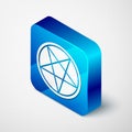 Isometric Pentagram in a circle icon isolated on grey background. Magic occult star symbol. Blue square button. Vector