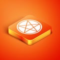 Isometric Pentagram in a circle icon isolated on orange background. Magic occult star symbol. Vector Illustration