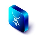 Isometric Pentagram on necklace icon isolated on white background. Magic occult star symbol. Blue square button. Vector