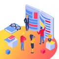 Isometric people in book library vector illustration, cartoon tiny 3d student characters study, read together isolated