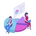 Isometric people with business diagram. Chart statistics analysis, chart pie statistic, 3d financial analysis vector illustration Royalty Free Stock Photo