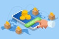 Isometric people characters donate money for charity online. Every donated coin aids in humanitarianism. Online donation