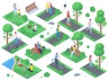 Isometric people in city park, outdoor activity, picnic sport recreation. Summer outdoor active recreations, picnic Royalty Free Stock Photo