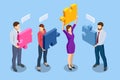 Isometric people connecting puzzle elements. Business teamwork, cooperation, partnership. Team work, team building Royalty Free Stock Photo