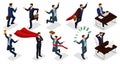 Isometric people, 3d Young entrepreneurs, different scenes concepts working in the office, superman, money, cup, joy of victory Royalty Free Stock Photo