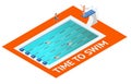 Isometric people diving into water in to the swimming pool, diver. Female swimmer, that jumping and diving into indoor