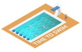 Isometric people diving into water in to the swimming pool, diver. Male swimmer, that jumping and diving into indoor