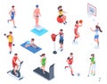 Isometric people do sports, boxing, golf and fitness. Characters do outdoor and indoor sports vector illustration set