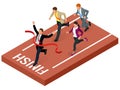 Isometric people. Entrepreneur businessman leader. Businessman and his business team crossing finish line and tearing Royalty Free Stock Photo