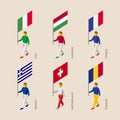 Isometric people with flag France, Romania, Hungary, Italy, Switzerland, Greece.