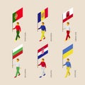 Isometric people with flags: Portugal, Andorra, Ukraine, Gibraltar, Croatia, Bulgaria.