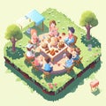 isometric people having a picnic generate by AI