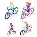 Isometric People. Isometric Bicycle isolated. Family Cyclists gr