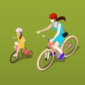 Isometric People. Isometric Bicycle. Mother and Daughter Cyclist